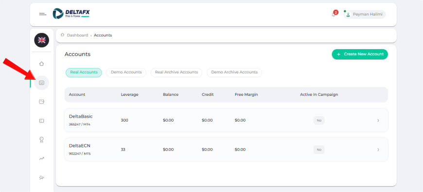 DeltaFX trading account settings page showing leverage change option