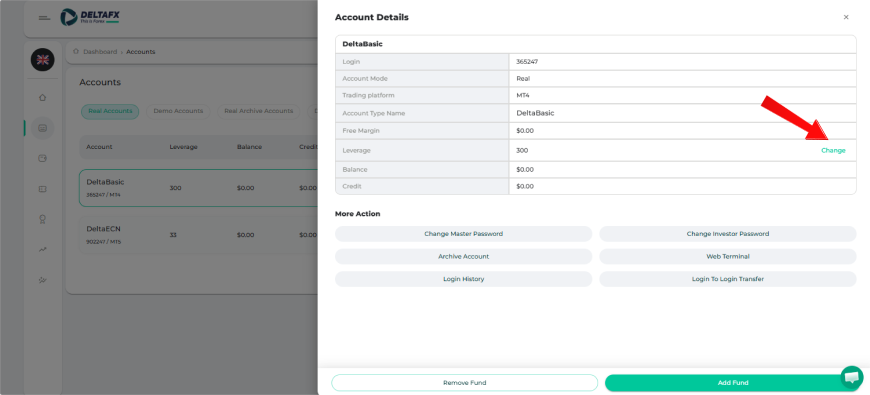 Leverage adjustment confirmation screen inside DeltaFX client portal