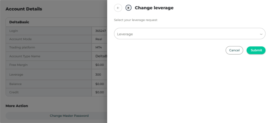 Step-by-step process to modify leverage in a DeltaFX trading account dashboard