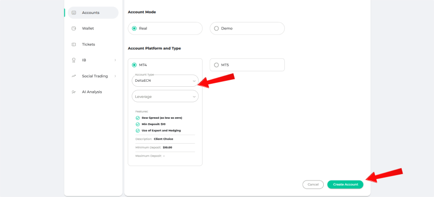 DeltaFX account settings and platform selection