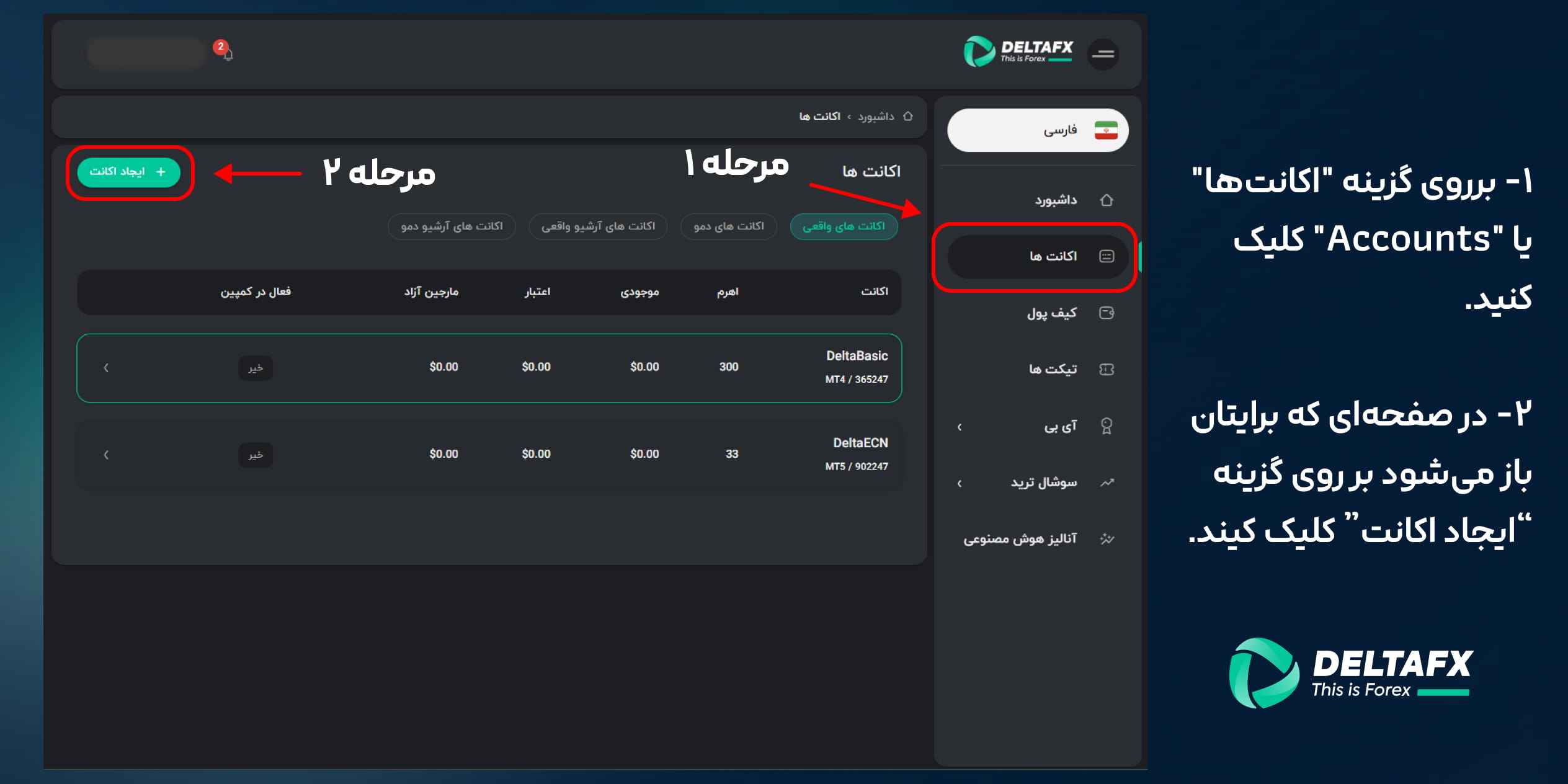 مرحله اول و دوم افتتاح حساب معاملاتی در بروکر دلتا